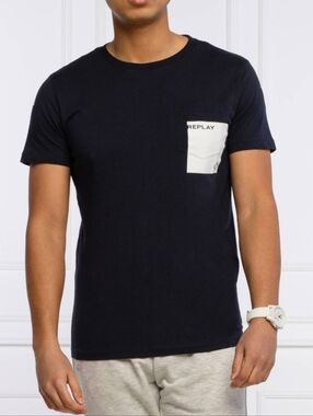 Replay Black Short Sleeve Crew Tee with White Pocket Detail Size M